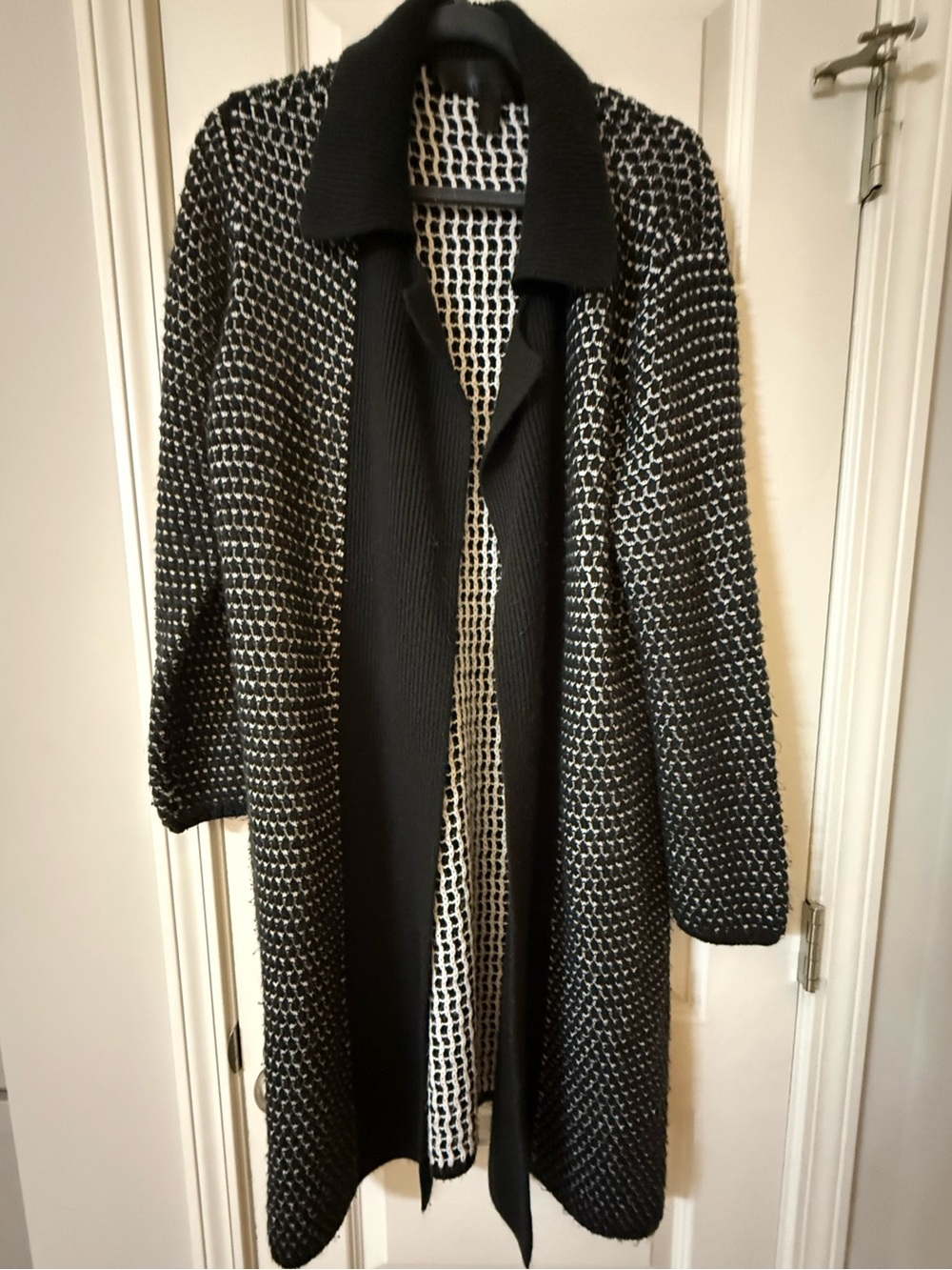 Apostrophe Black and White Knit Open Front Cardigan Coat